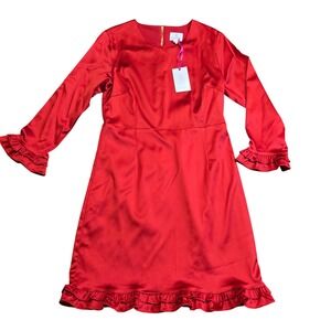 Julie Brown NYC Red Satin Ruffle Dress Long Sleeve Size 10 Holly Red Sable